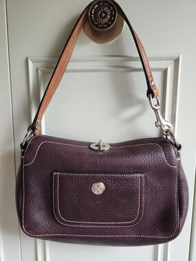 Coach Small Dark Brown Leather Hobo Bag With Deep Plum Stitching And Tan Strap